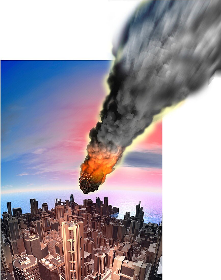 Meteor fireball over city,artwork