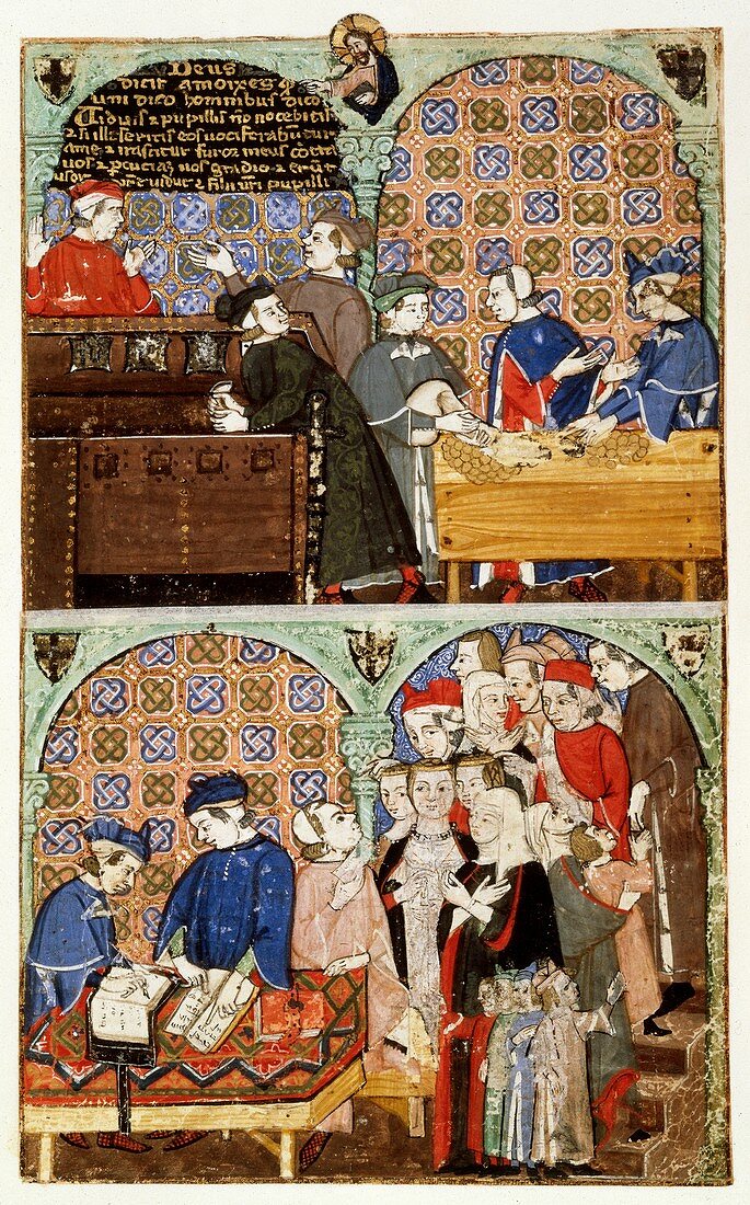 Counting house,14th-century manuscript