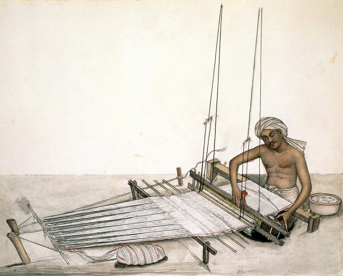 Weaver using a loom in India,1870s
