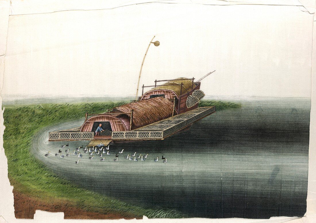 Fishing houseboat in China,19th century