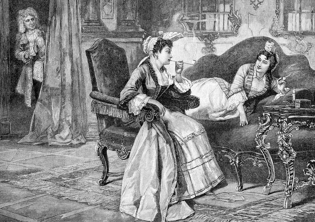 Women smoking secretly,1890s artwork