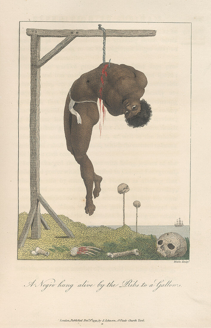 A slave hung from a gallows