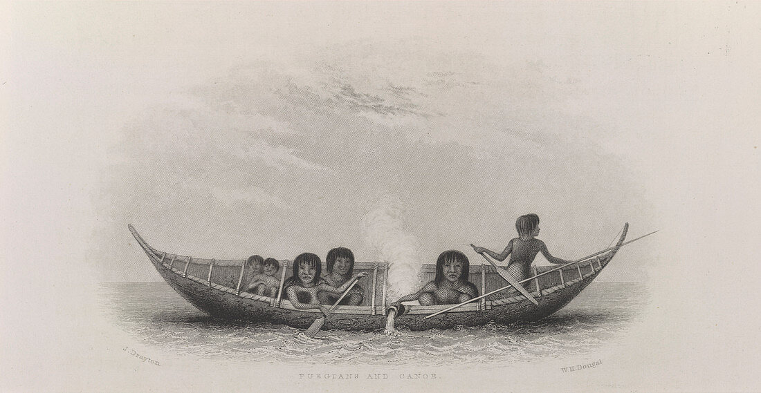 Fuegians and canoe