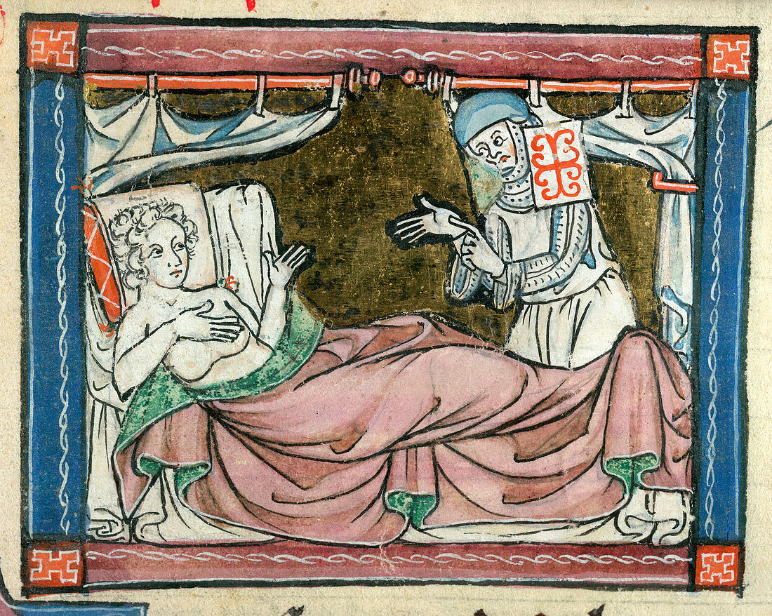 A woman in bed attended by a nun