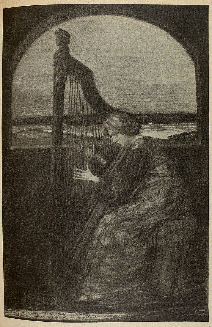 Drawing of a woman playing a harp