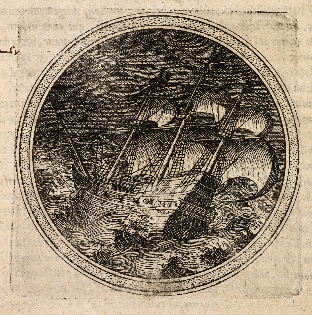 A galleon foundering in rough seas