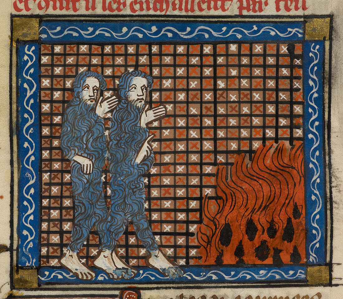 Illustration of two men and a fire