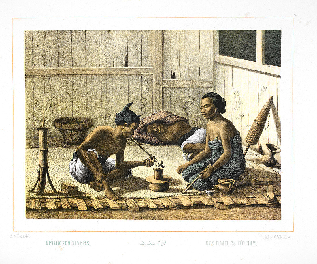 Two Indonesian people smoking opium