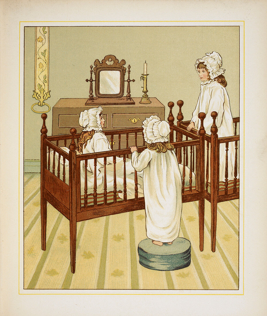 Three little girls in nursery cots