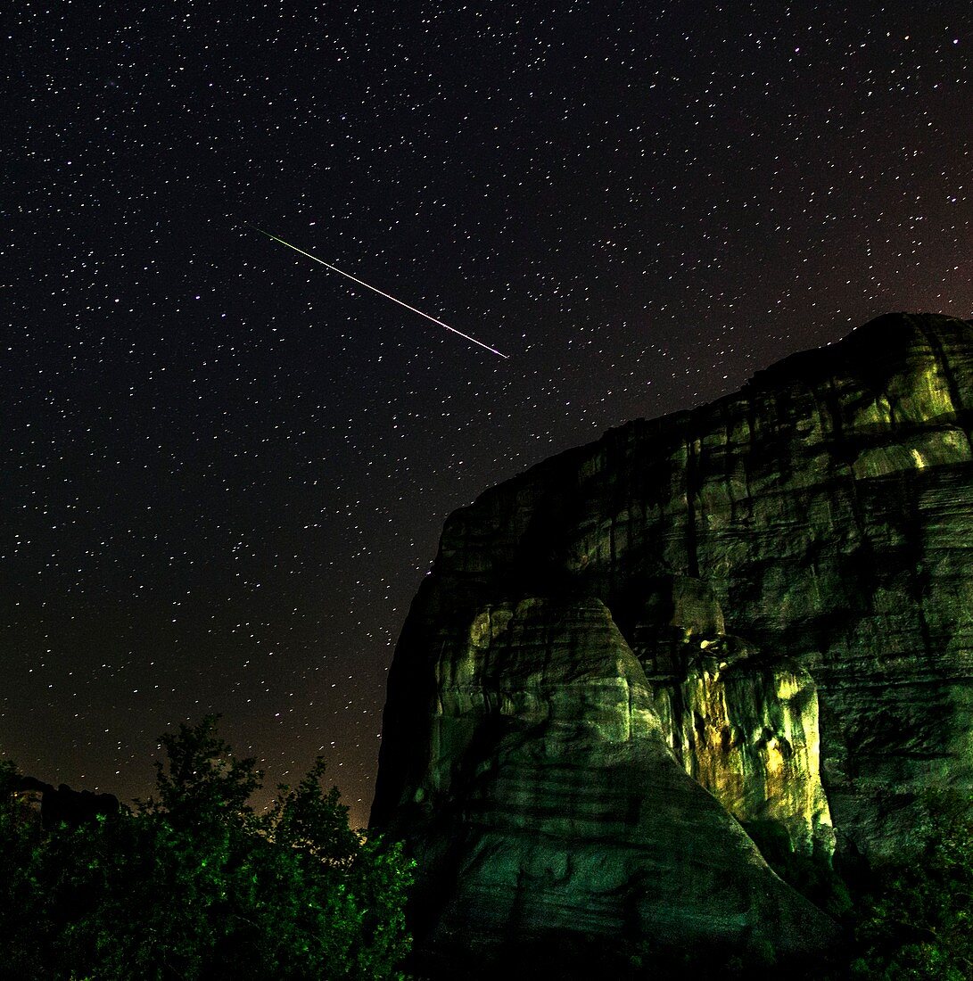 Perseid meteor track over Meteora,Greece