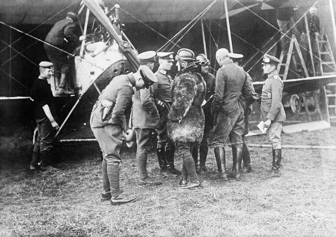German aeroplane and officers,WWI