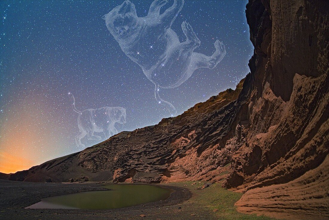 Ursae constellations over volcanic lagoon