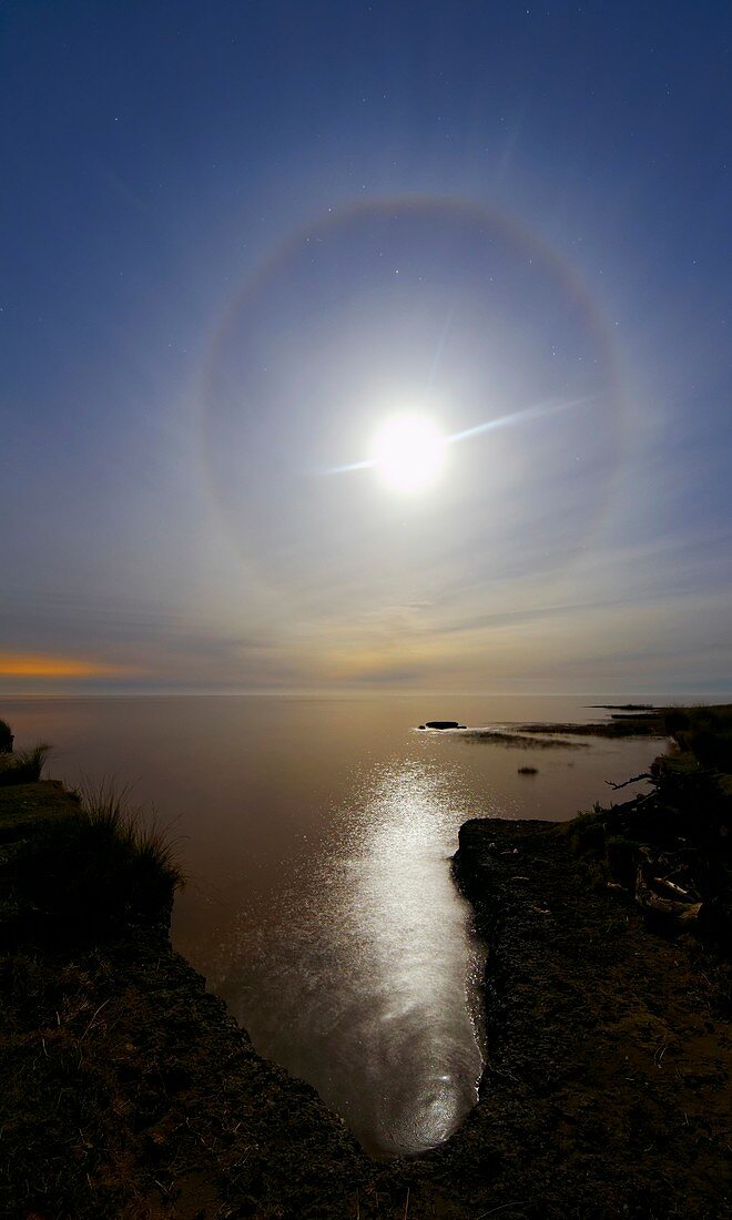 Lunar halo over water