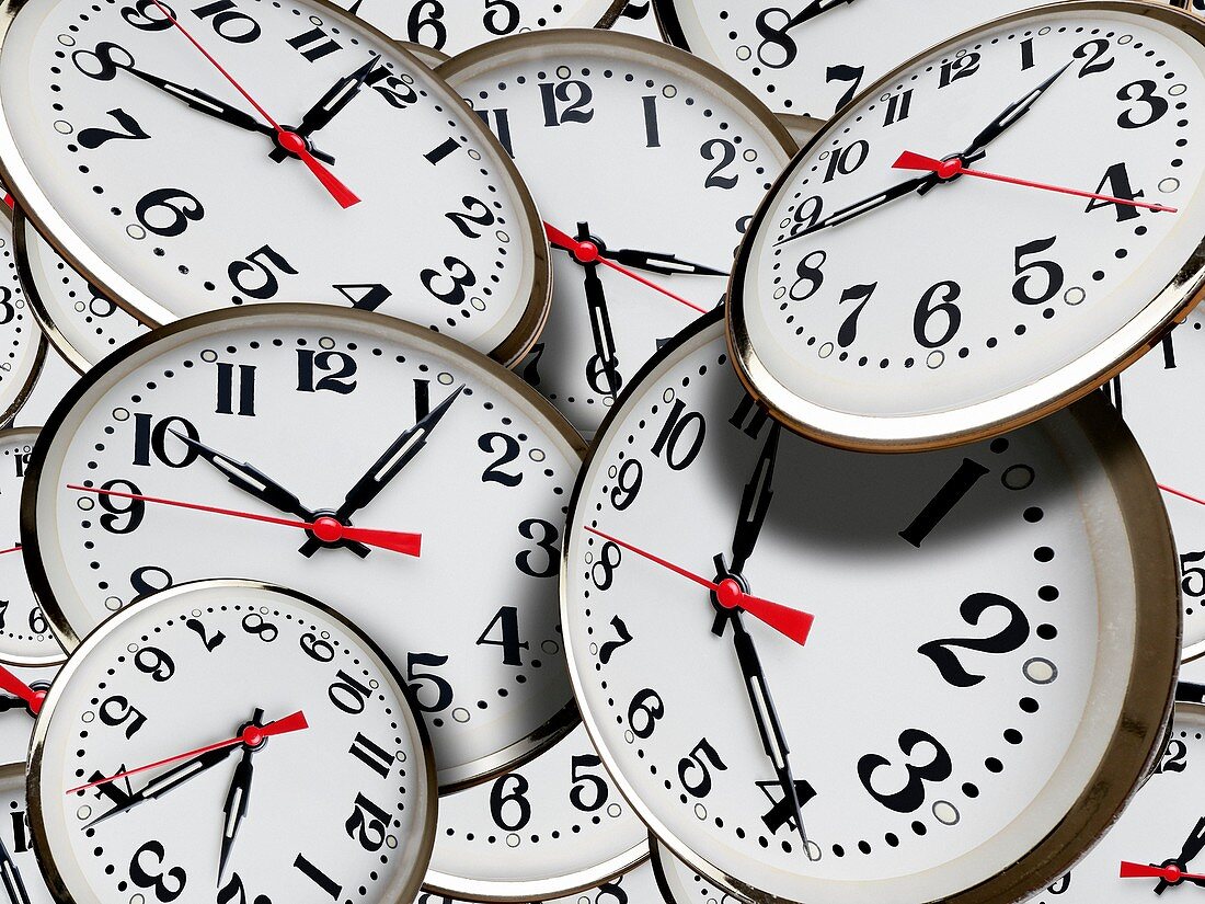 Jumbled clock times,conceptual image