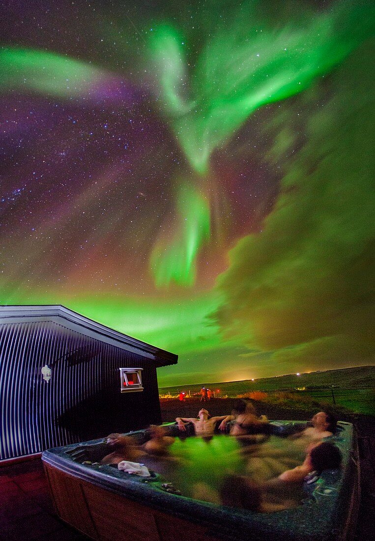 Hot tub, aurora, Iceland