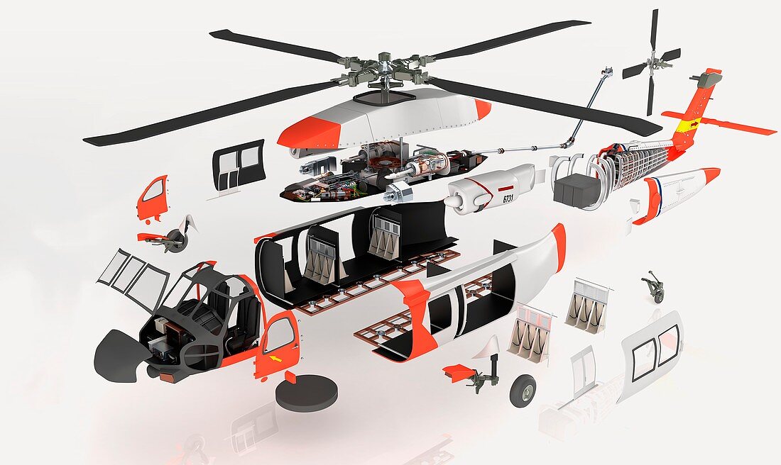 Disassembled parts of military helicopter