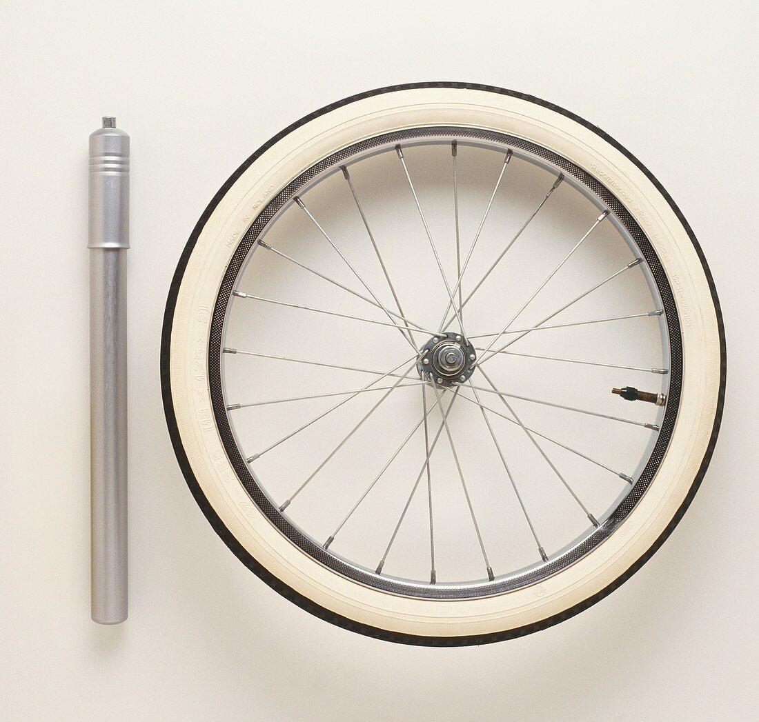 Thermometer,tyre pump and bicycle wheel