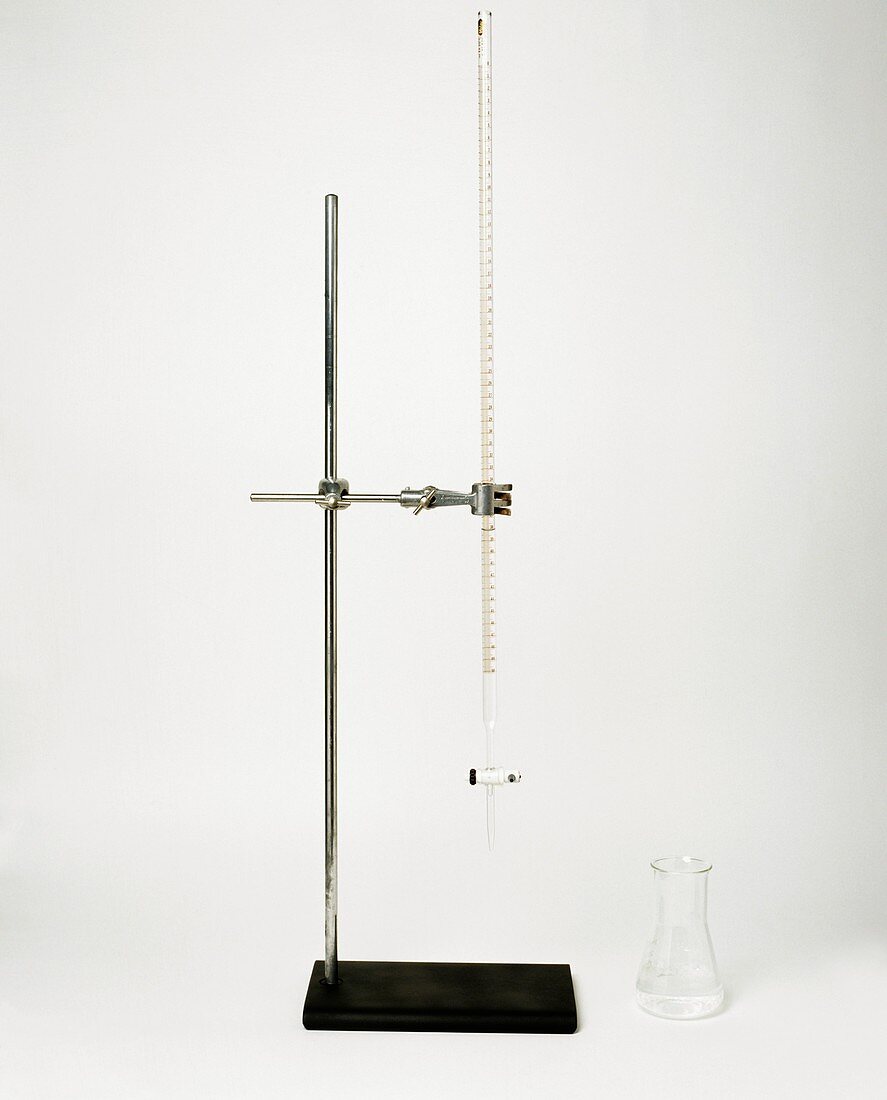 Clamp stand,burette and conical flask