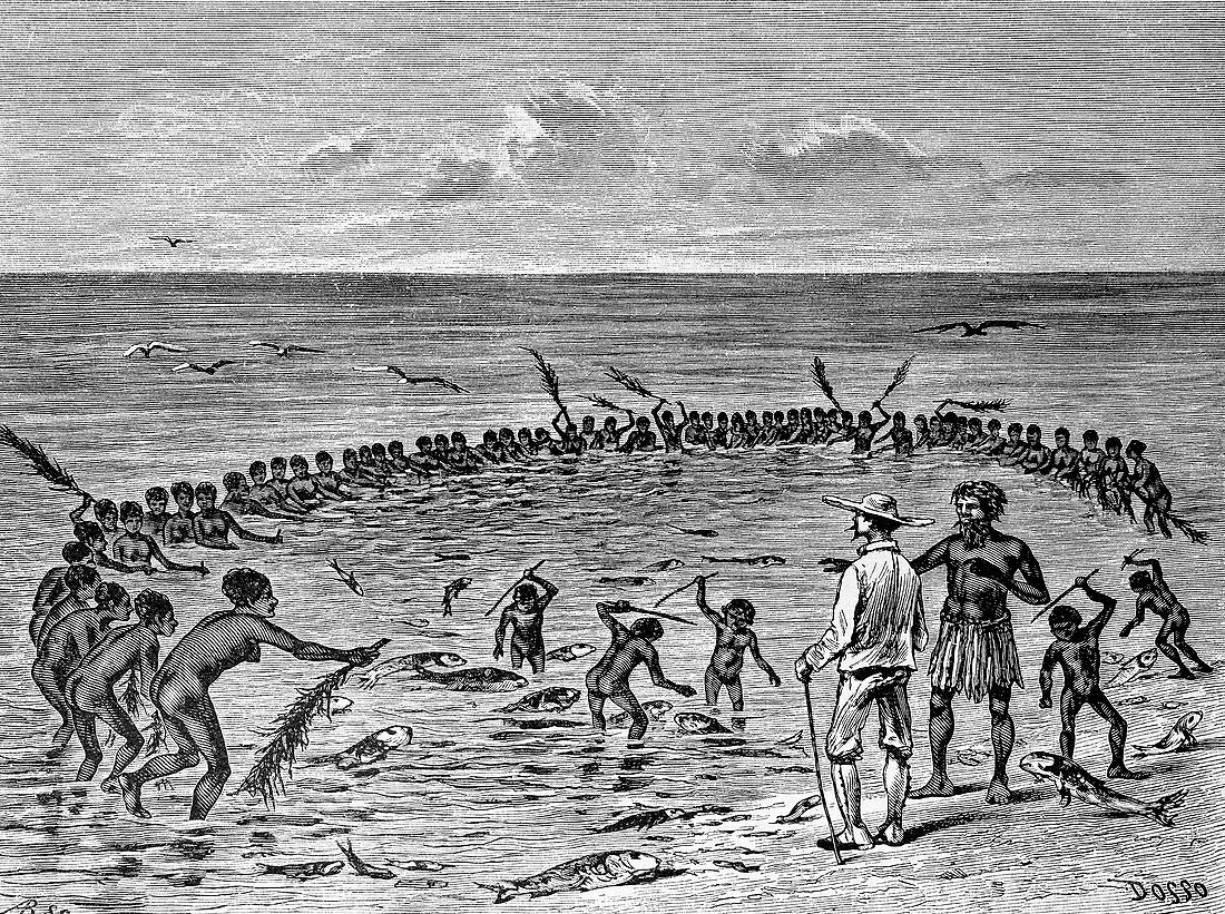 Samoans fishing,19th century artwork