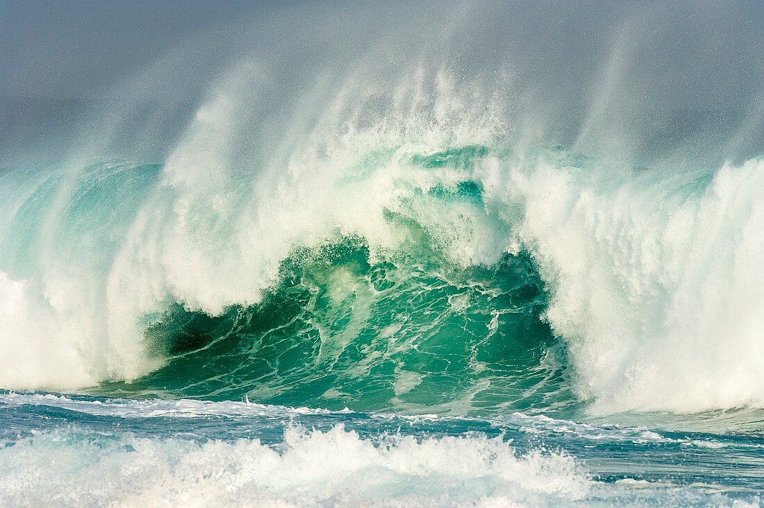 Huge wave crashing against the shoreline