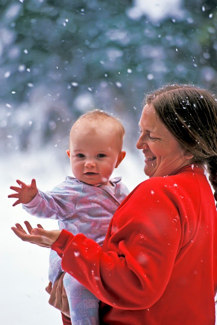 Mother and baby in snow