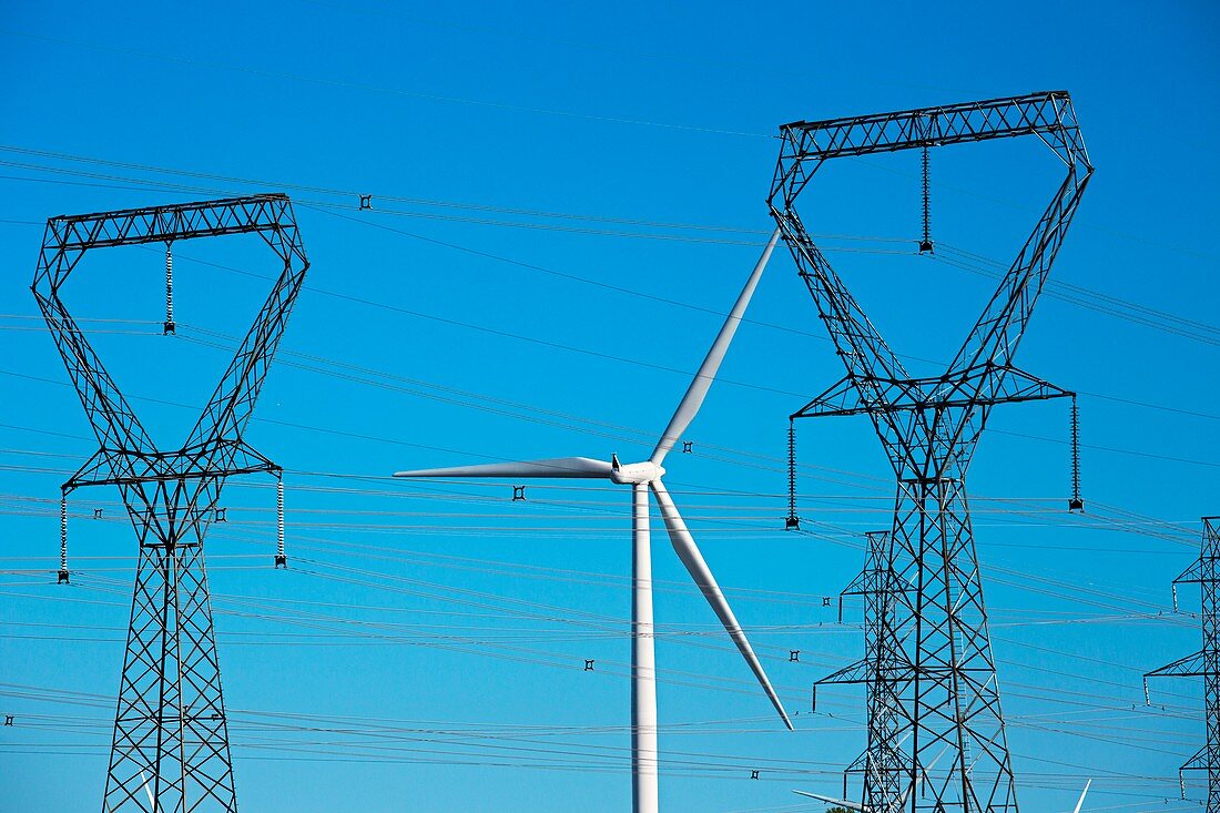 Wind turbine and electricity pylons