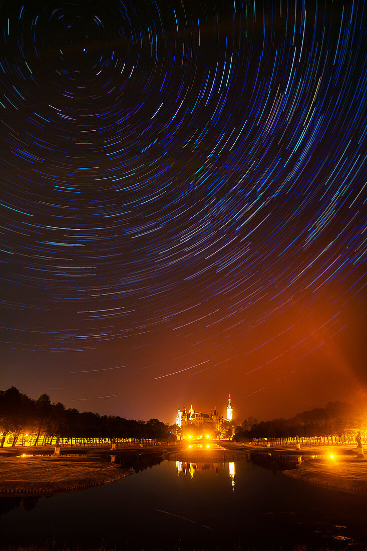 Star trails over Schwerin Palace,Germany