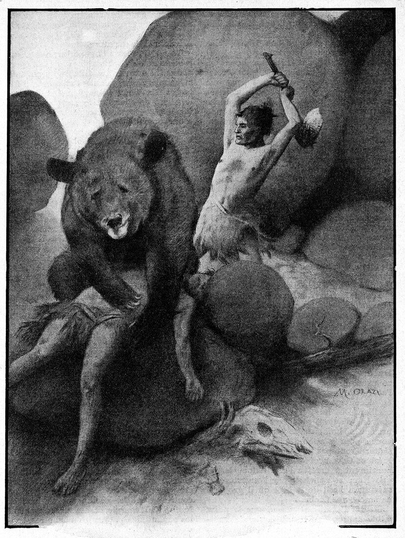 Prehistoric men fighting a bear