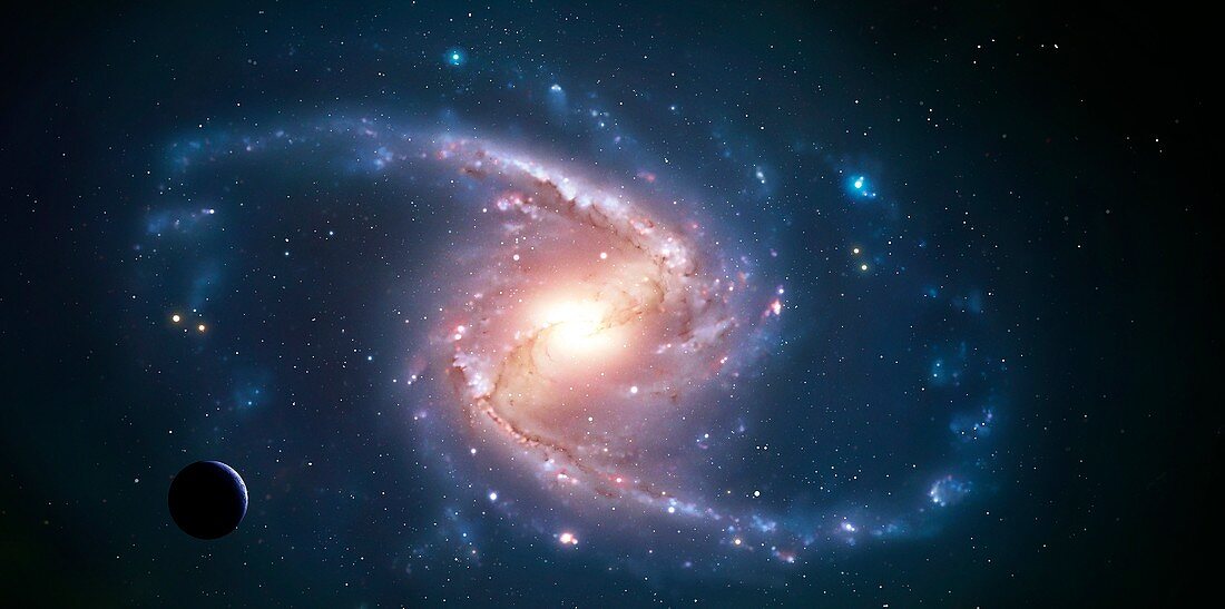 Artwork of a barred spiral galaxy