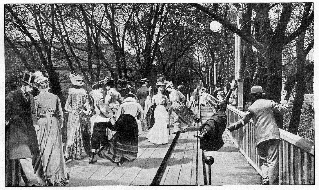 Woman falling off a moving walkway,1900