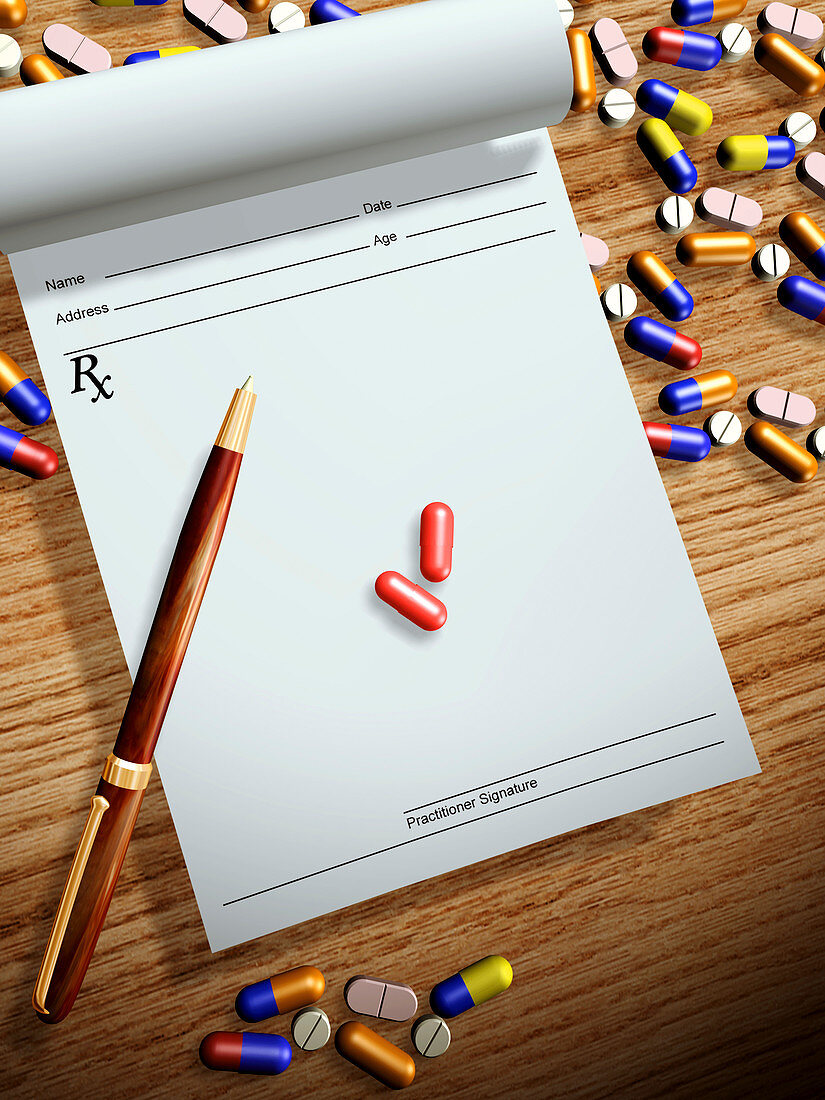 Prescription pad and pills,illustration