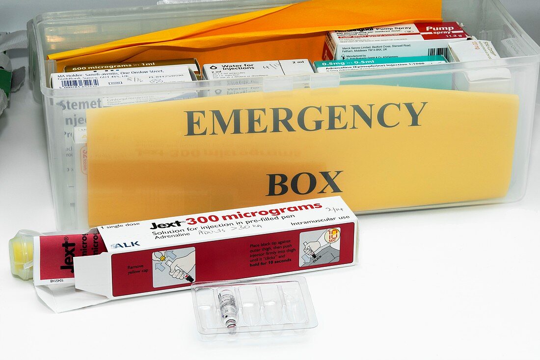 Emergency kit with adrenaline injector