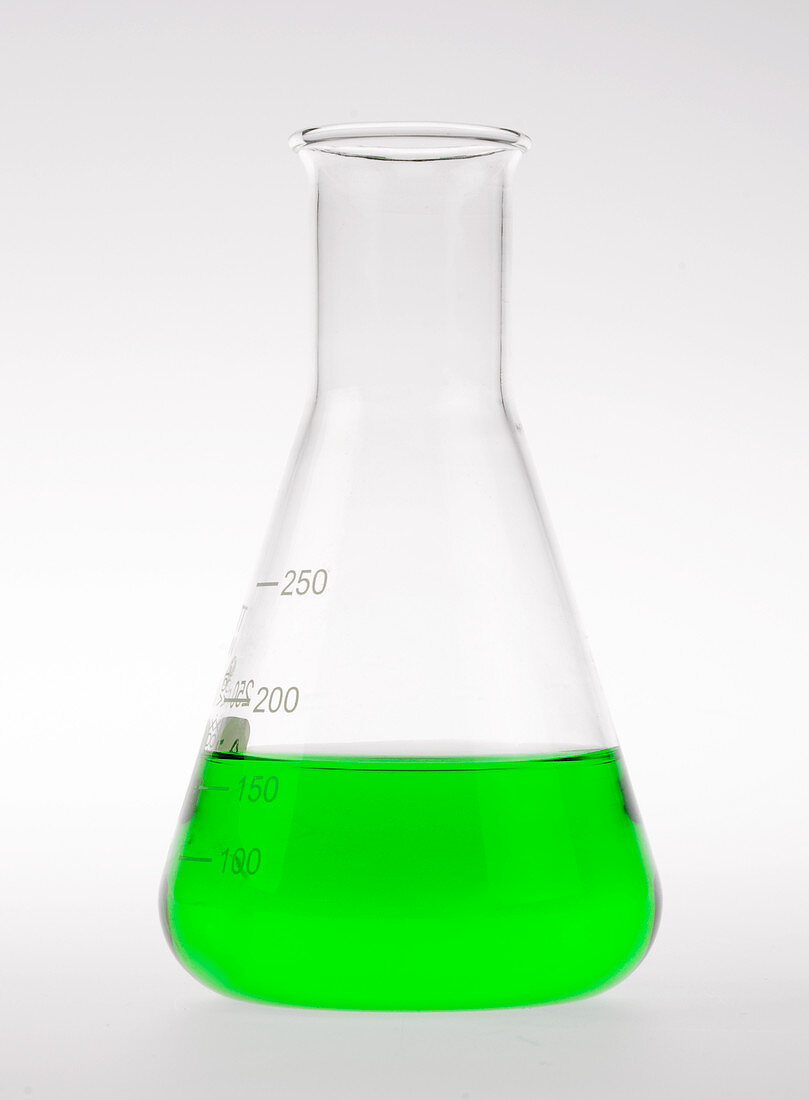 Conical flask holding green liquid