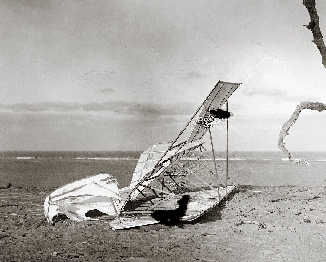 Wrecked Wright brothers glider,1900