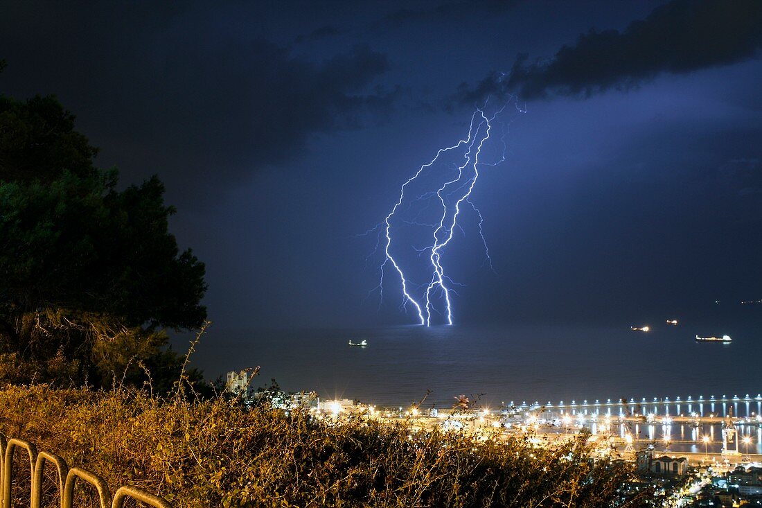 Lightning strikes the Mediterranean Sea