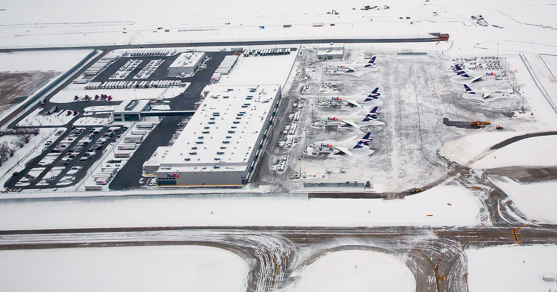 Snow-covered FedEx terminal,Chicago