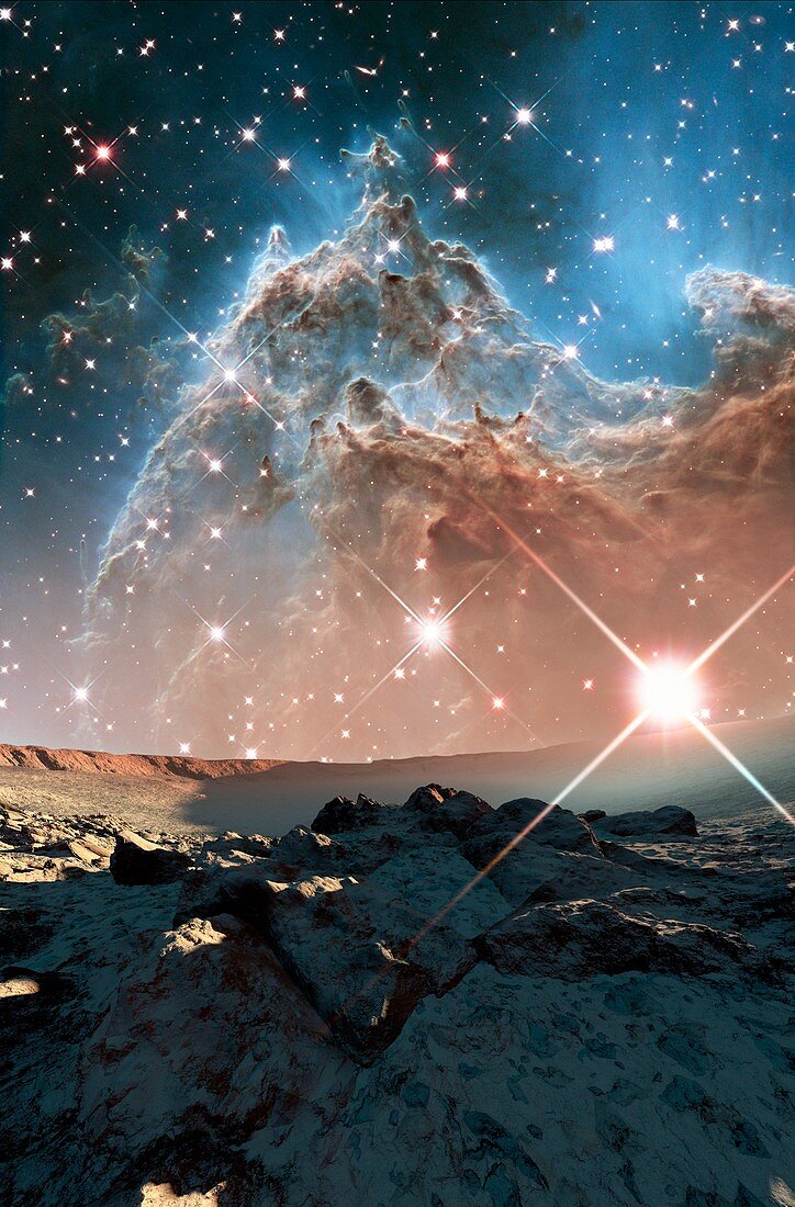 Alien planet and Monkey Head Nebula