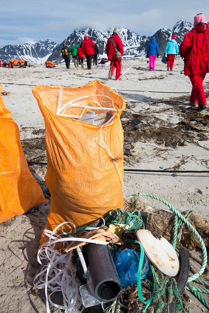 Tourists collect plastic rubbish