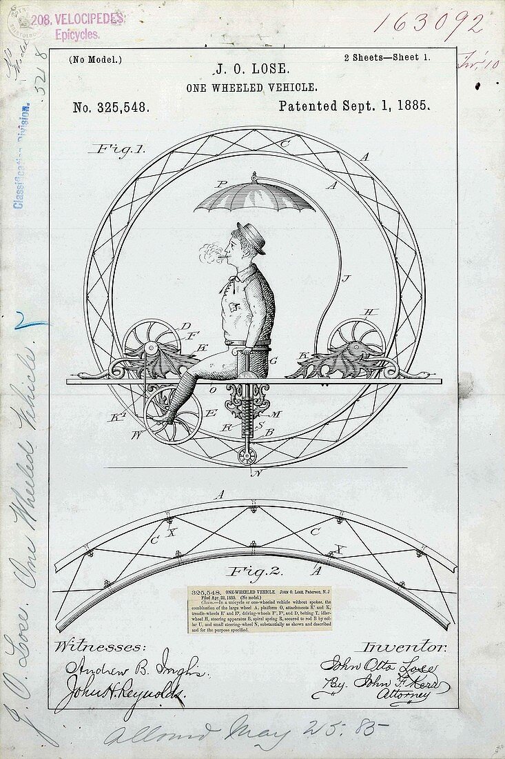 One-wheeled vehicle patent,1885