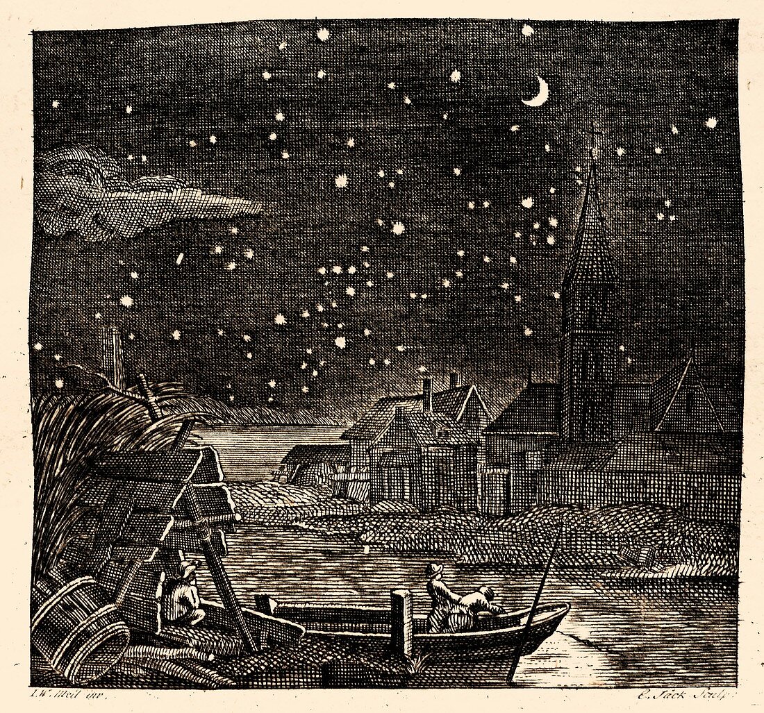 Night sky over village,illustration