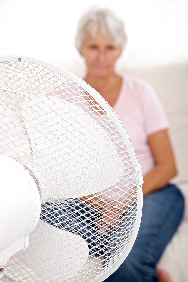 Older lady with an electric fan
