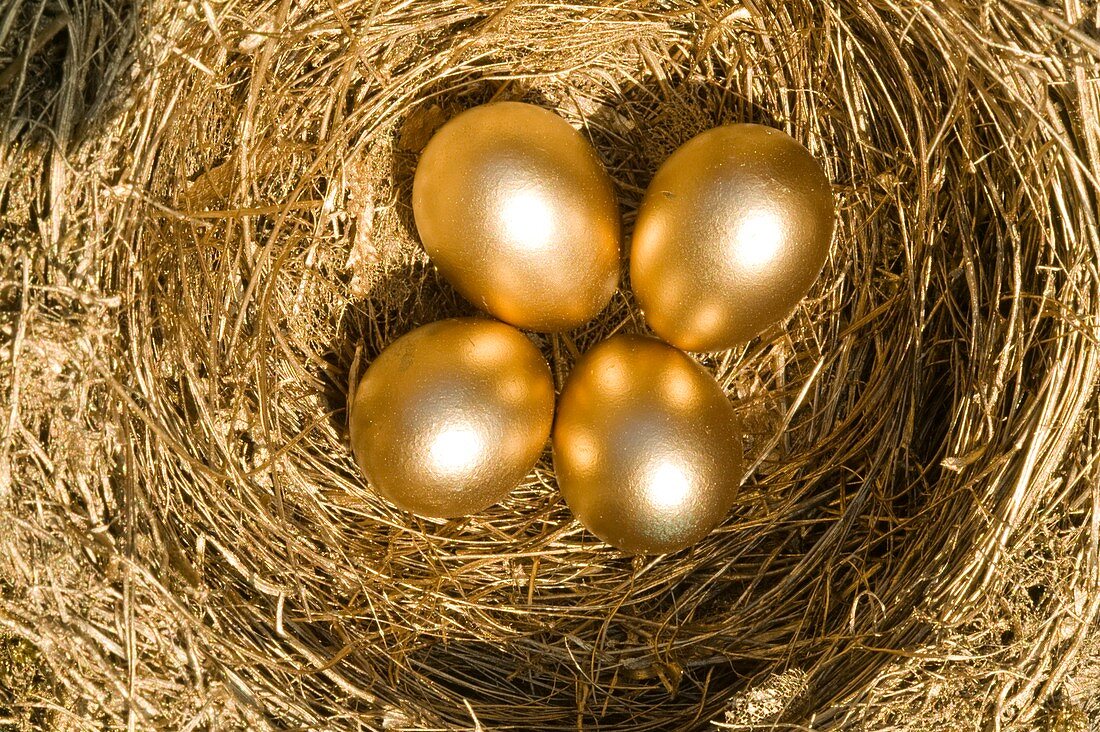 Four golden eggs in a nest