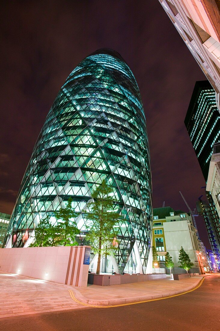 The Swiss Re Tower at night,London,UK