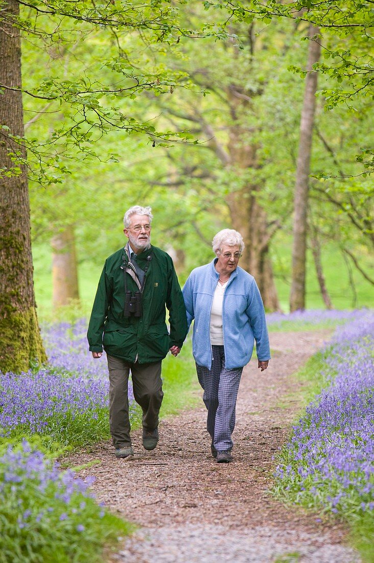 An elderly couple walking