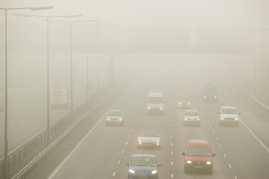 Driving in fog on the M1 motorway,UK