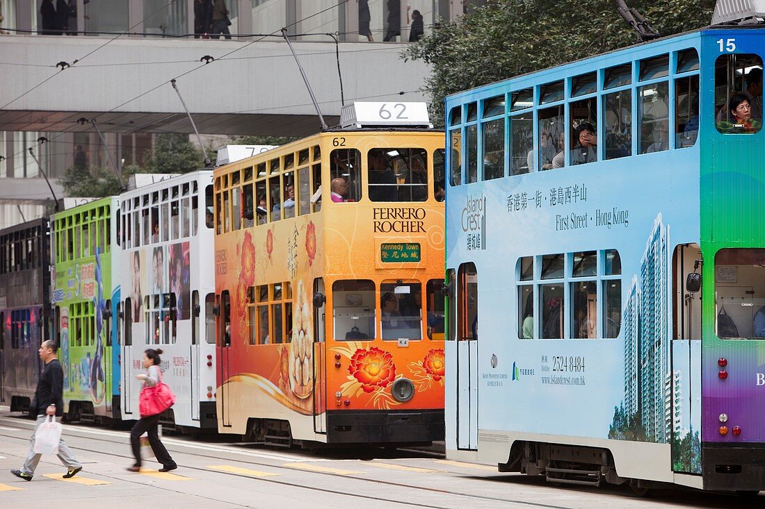 Trams on the street in Hong Kong,China