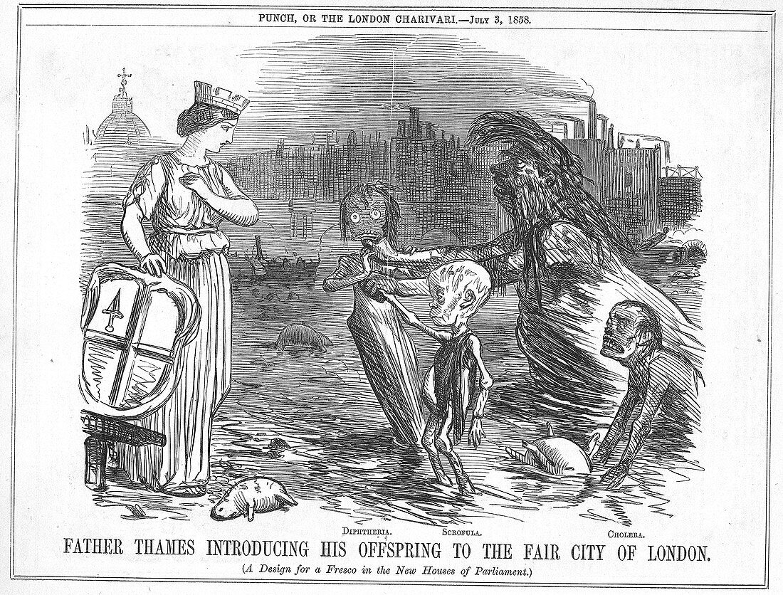 Infected Thames water,1858 cartoon