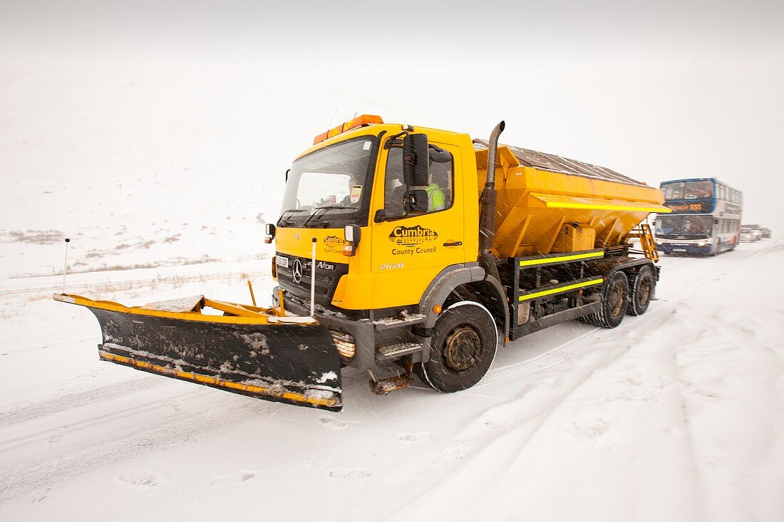Snow plough on the road,UK