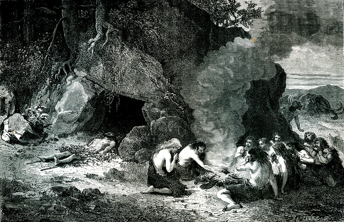Caveman camp,19th Century illustration