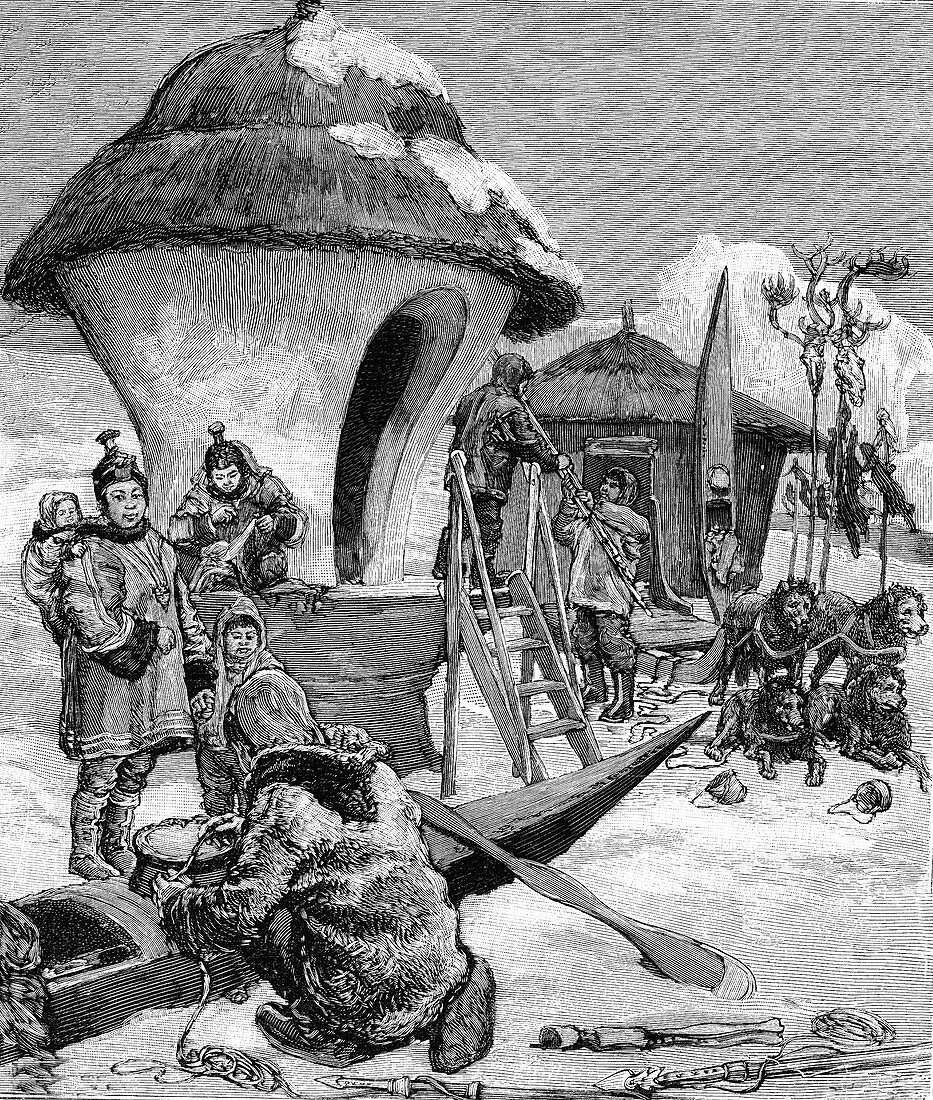 19th century Eskimo village,illustration
